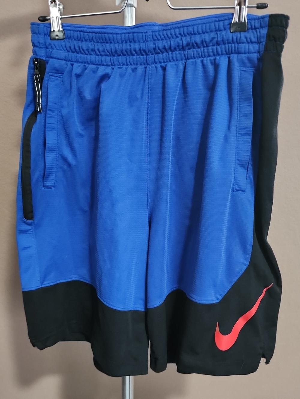 Nike Men’s Blue and Black Athletic Shorts with Red Swoosh